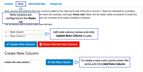 An example of the Note tab on the Exams configuration page